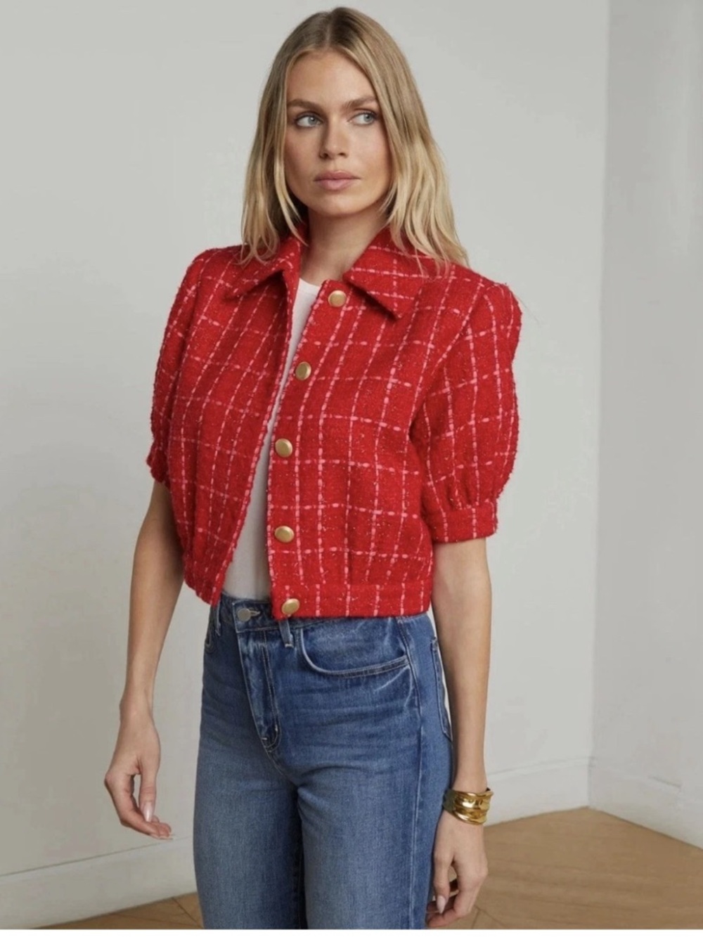 L'AGENCE Cove Cropped Tweed Jacket in Red & Hot Pink Plaid Size 6